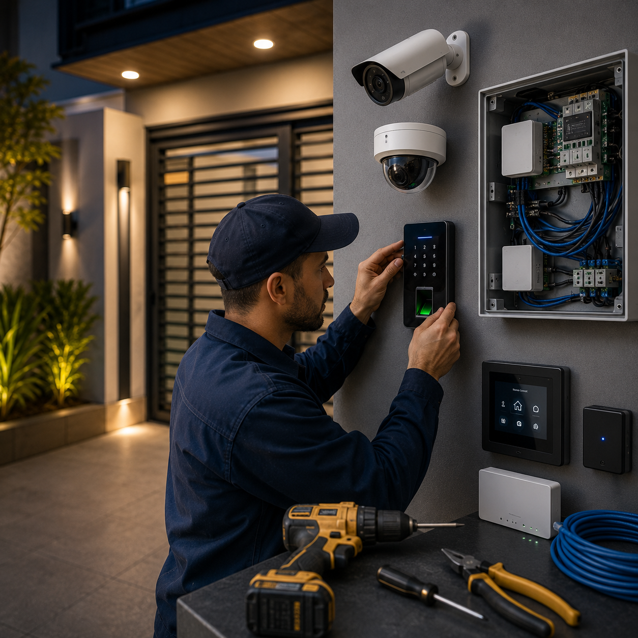 Profissional instalando sistema de automação predial e segurança