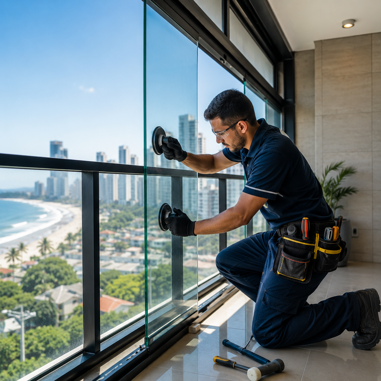 Profissional instalando vidro em sacada